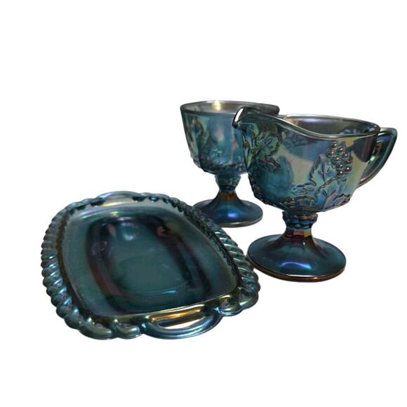 Indiana Glass Co Carnival Glass Sugar Creamer & Tray Set 0407 Iridescent Blue - Picture 1 of 4